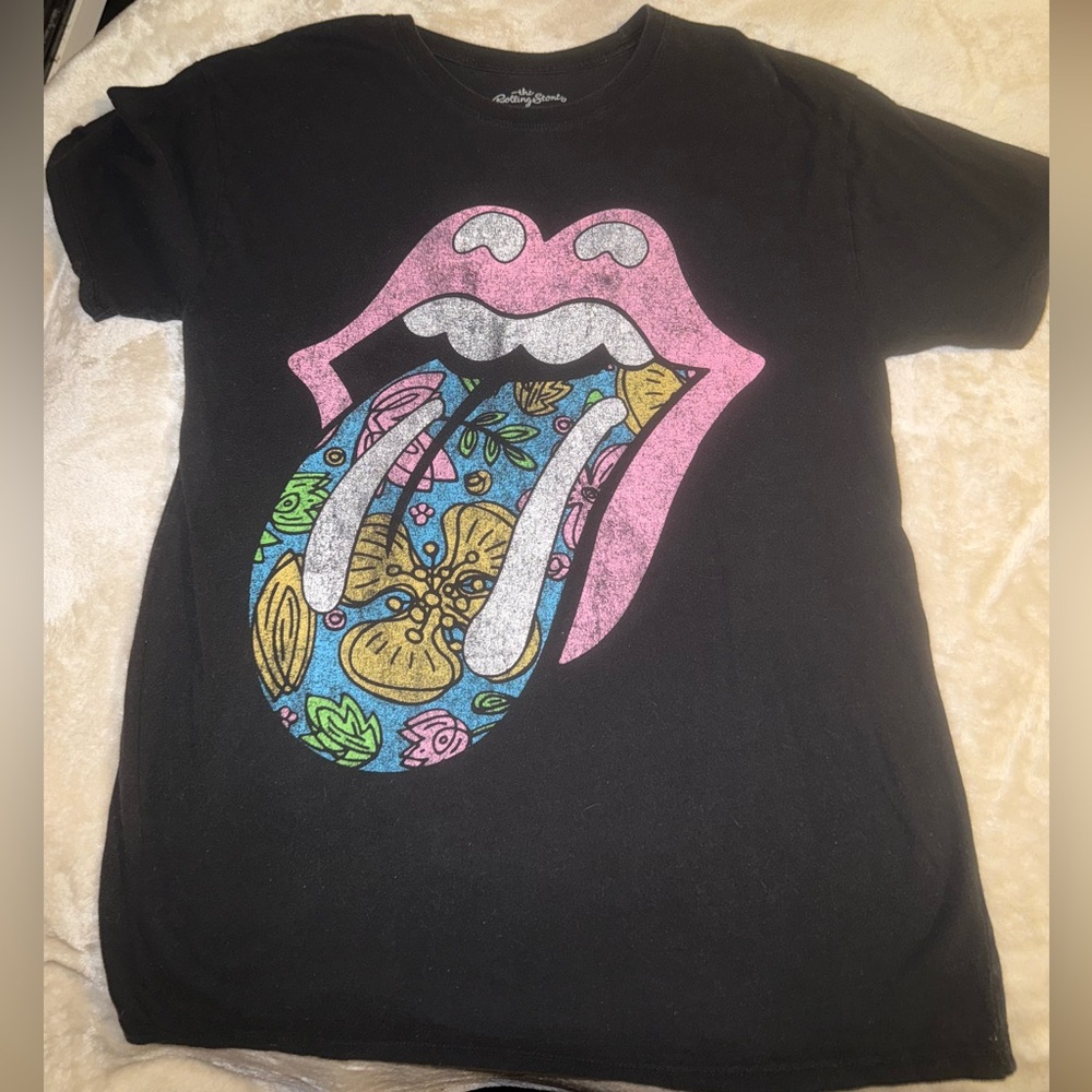 Rolling Stones Black shirt Pink Blue Graphic band music concert Small Medium Y2K